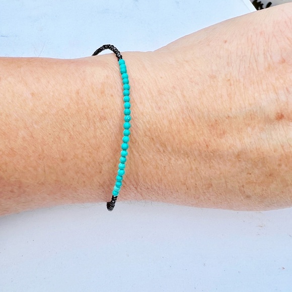 Natural Black Spinel Teal Turquoise Bracelet Handcrafted in Solid 14k White Gold - Picture 6 of 6